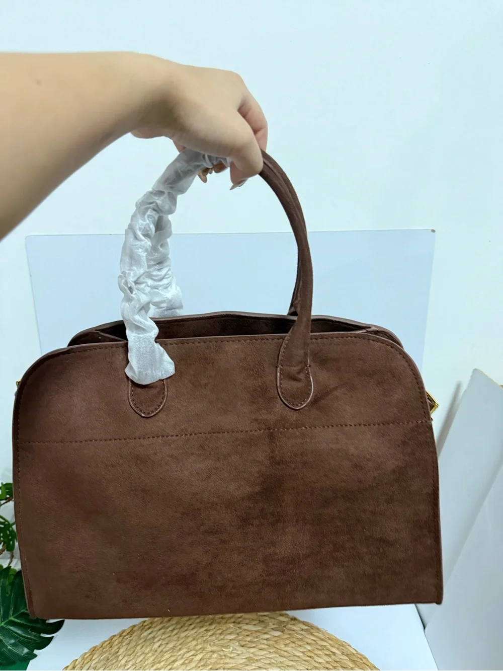 The Row Brown Suede Structured Top-Handle Satchel